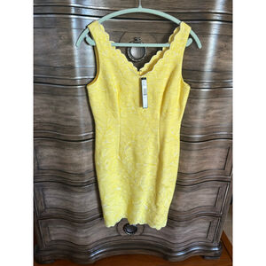 Women's Tahari Yellow & Off-White Scalloped Neck Sheath Dress Size 4.
